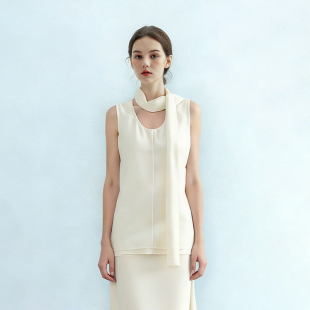 极简风休闲叠搭U领飘带宽松无袖 背心女百搭气质自带颈链针织上衣