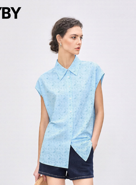 通勤风极简风短袖衬衫女新款上衣宽松翻领蓝色通勤职场百搭女装