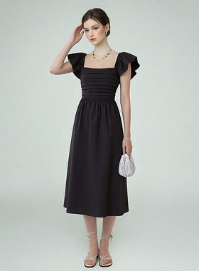 法式赫本风方领飞飞袖荷叶边黑色中长连衣裙女收腰系带显瘦气质裙