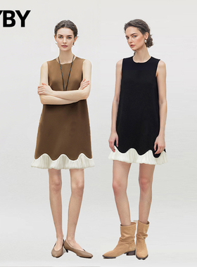 气质时尚拼接波浪花边无袖黑色背心连衣裙女夏2025巨好看内搭裙子