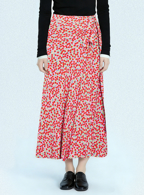 通勤高腰碎花半身裙中长款显瘦飘逸A字裙红色印花百褶裙优雅显瘦