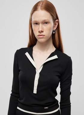 PHISM新款设计感休闲时尚拼色半开襟长袖T恤套装