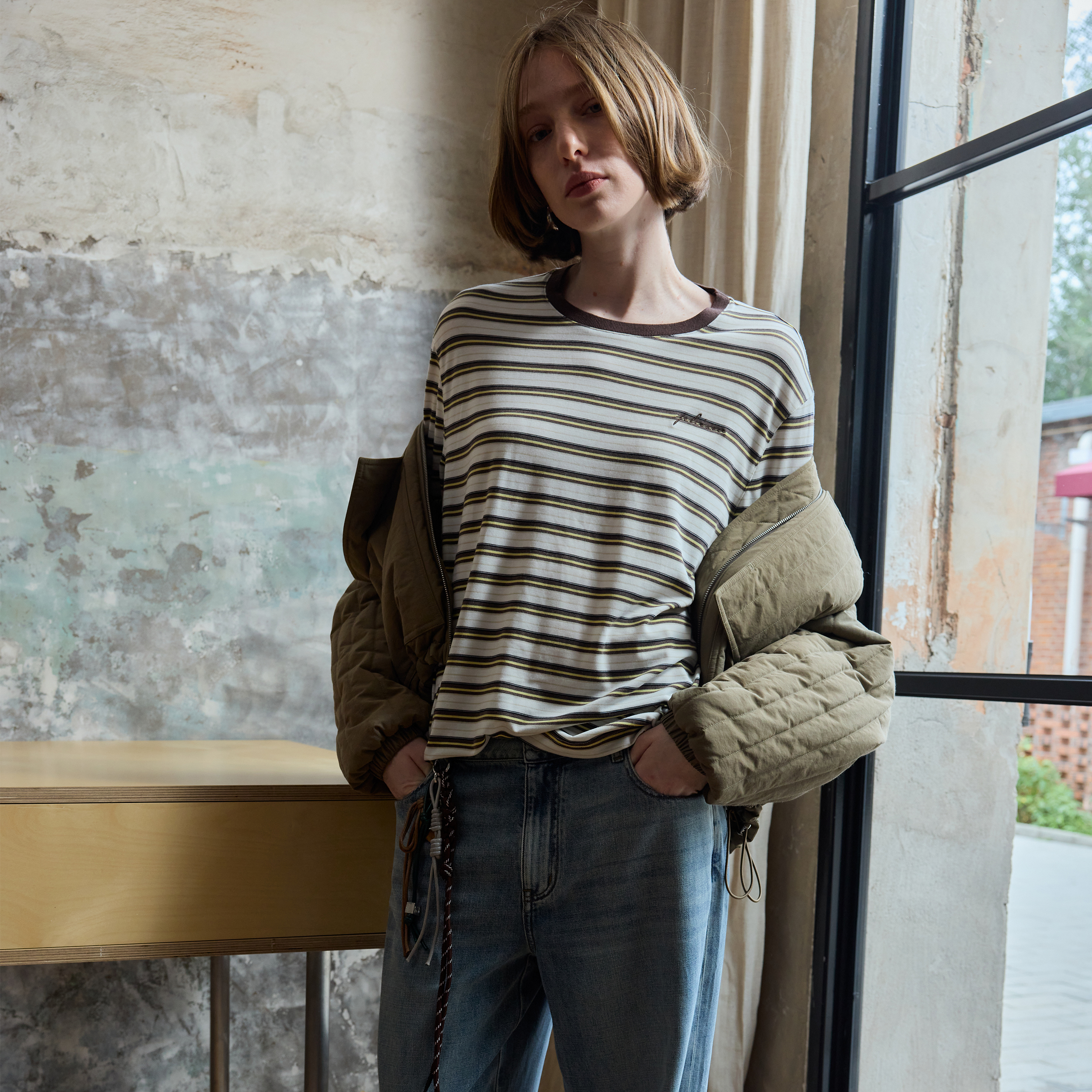 【新品首发】25年秋冬新款女款圆领条纹T恤长袖T针织圆领