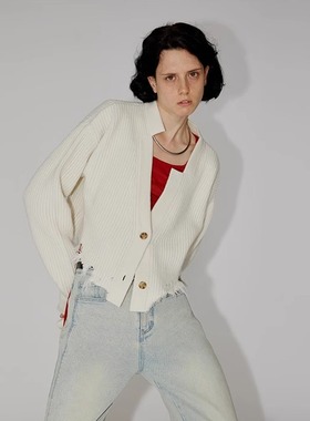 PHISM春季新款不对称毛衣外套女羊毛短款开衫宽松落肩袖毛衣