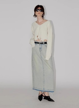 PHISM春季新品短款V领毛衣女羊毛宽松毛衫不对称下摆针织衫