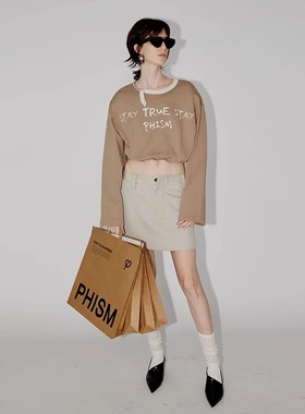 PHISM早春秋季新款短卫衣女圆领印花休闲女宽松抽绳上衣字母印花