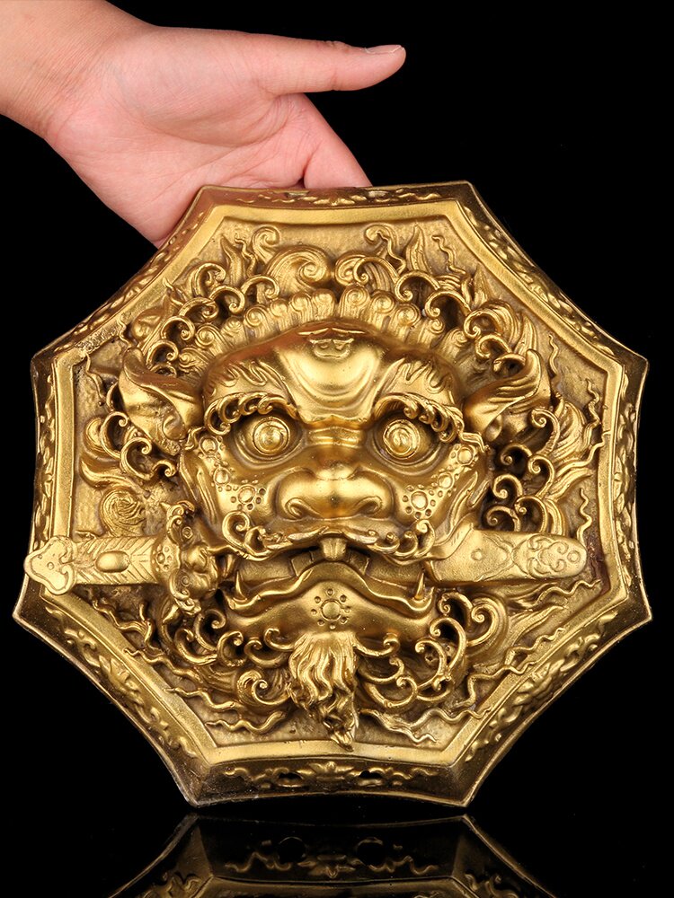 纯铜睚眦狮咬剑牌八角狮吞口剑牌铜狮子头挂牌镇宅家居办公室礼品