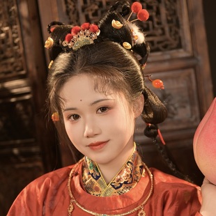 玲珑阁汉服明制项圈古风项链祥云兔麒麟锁背云红色新年款 发饰套装