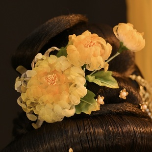 玲珑阁原创真丝烫花发饰渐变黄色秋菊唐风十二花神菊花汉服头饰女