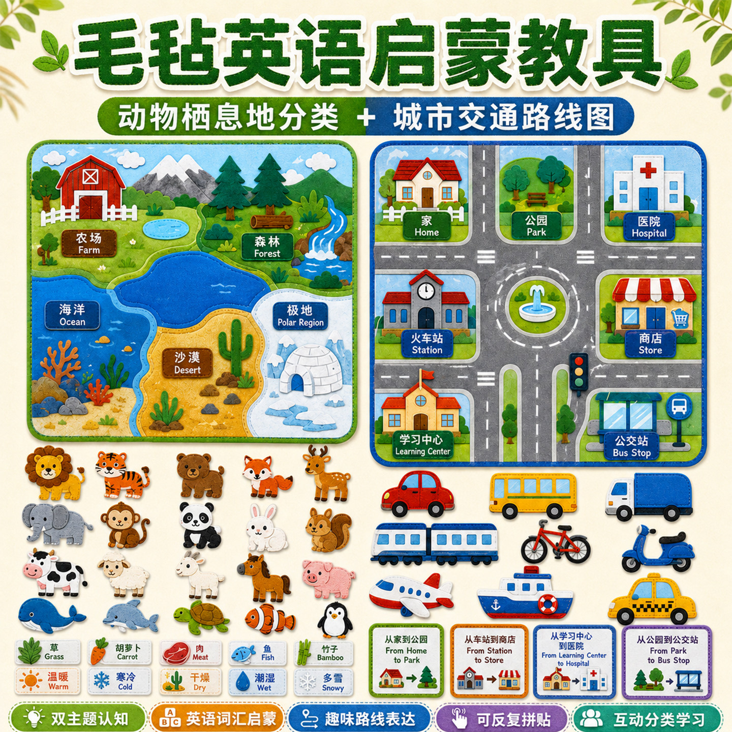 动物栖息地教学玩具英语启蒙教具