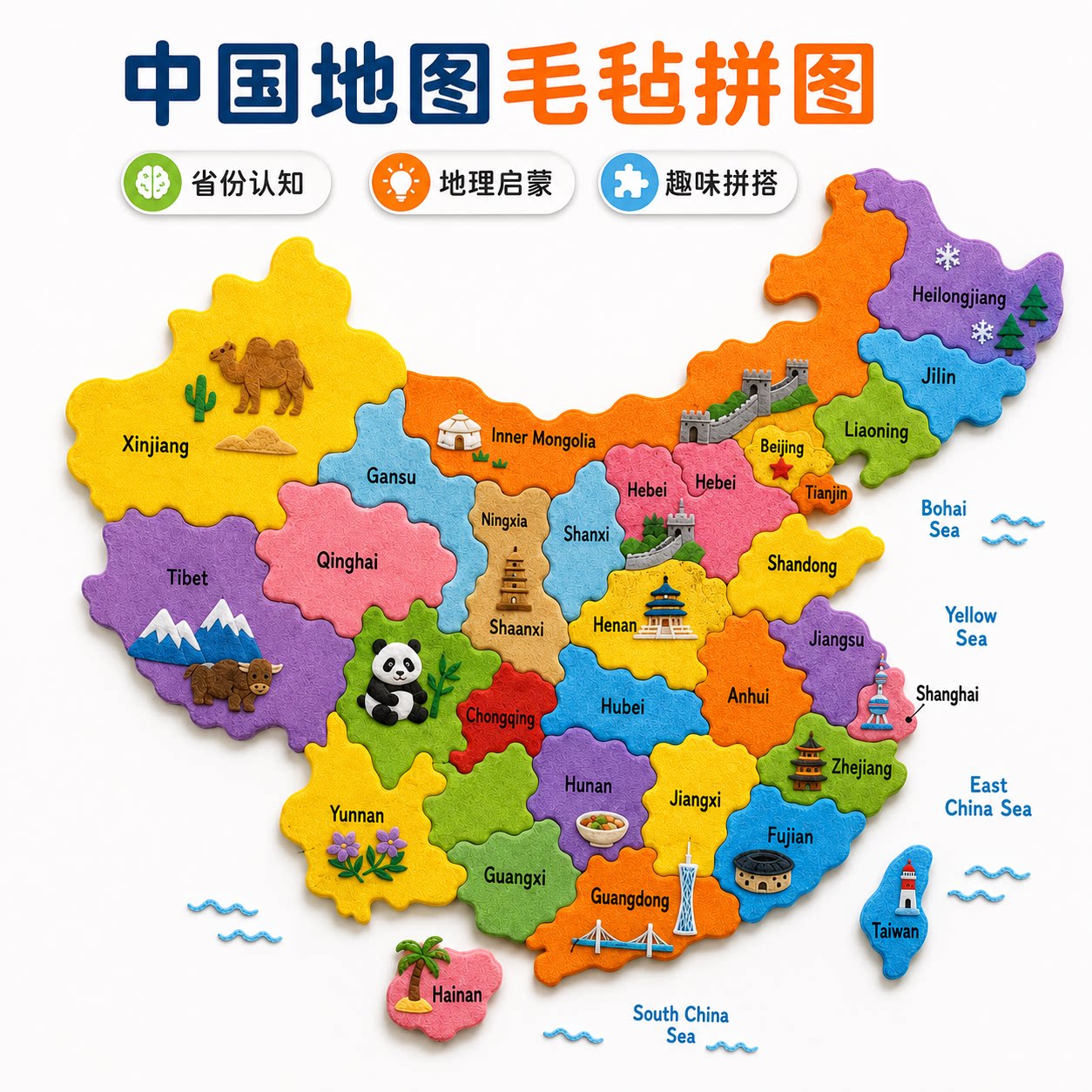 中国地图毛毡拼图英语启蒙教具