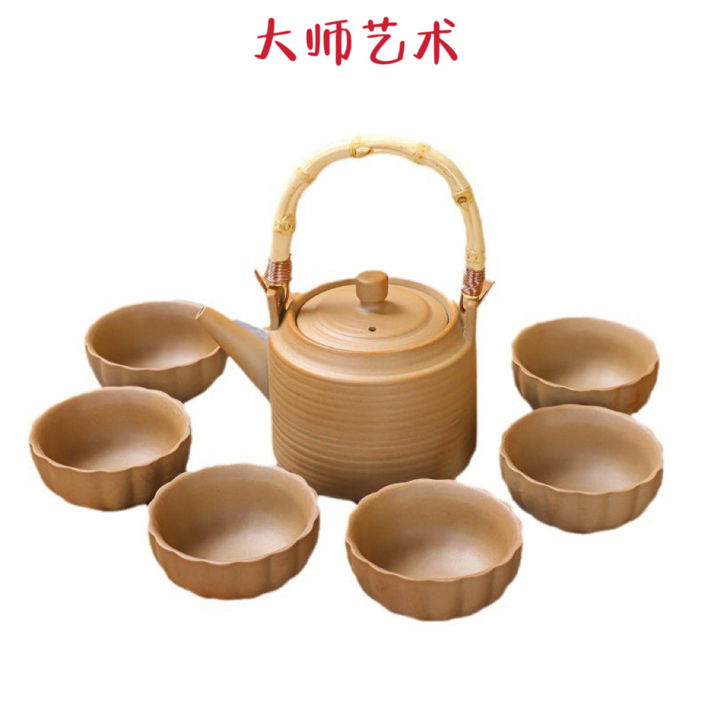 大师艺术高端粗陶提梁双耳壶功夫茶具套装大壶大杯陶瓷茶杯