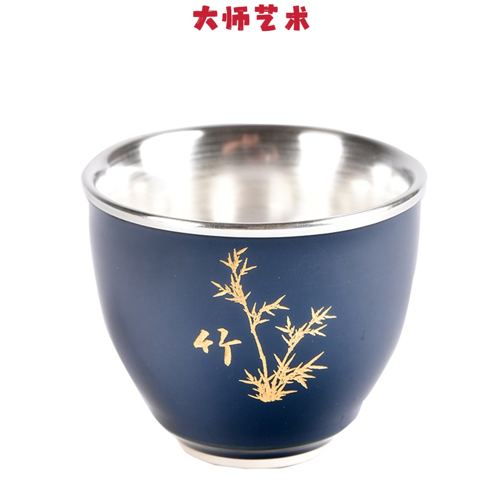 大师艺术高端9999纯银茶杯陶瓷茶具鎏银描金梅兰竹菊主人杯品茗杯