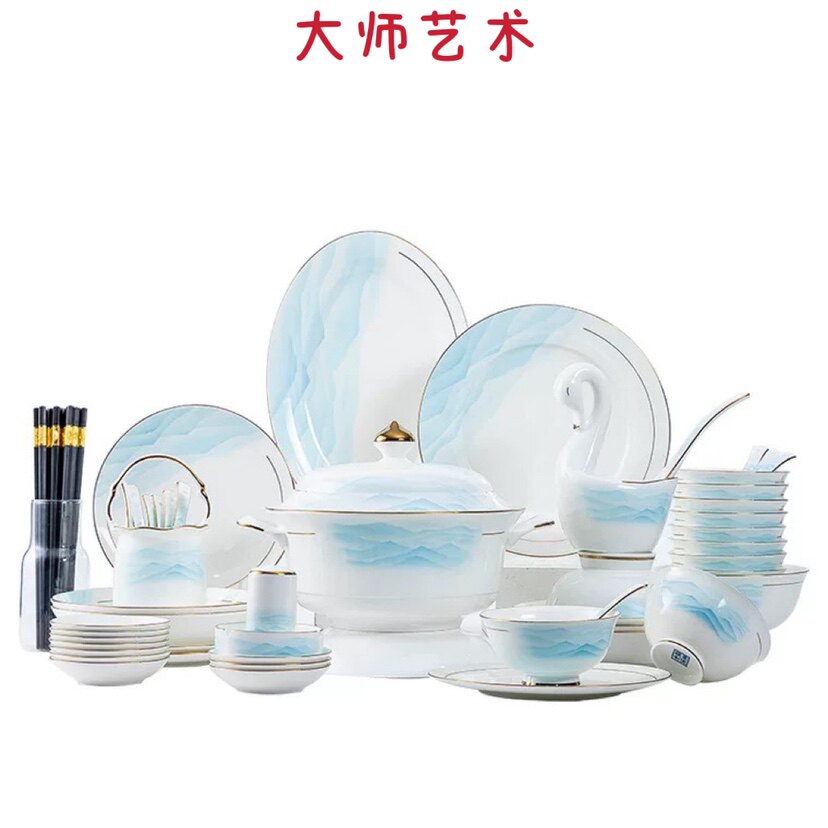 大师艺术高端景德镇骨瓷餐具碗碟套装碗盘礼品手绘金边微波餐具