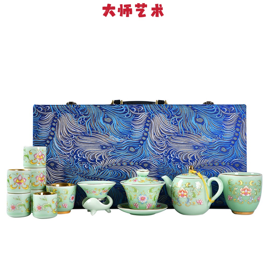 大师艺术高端珐琅彩鎏金青瓷功夫茶具套装家用办公室陶瓷喝茶套装