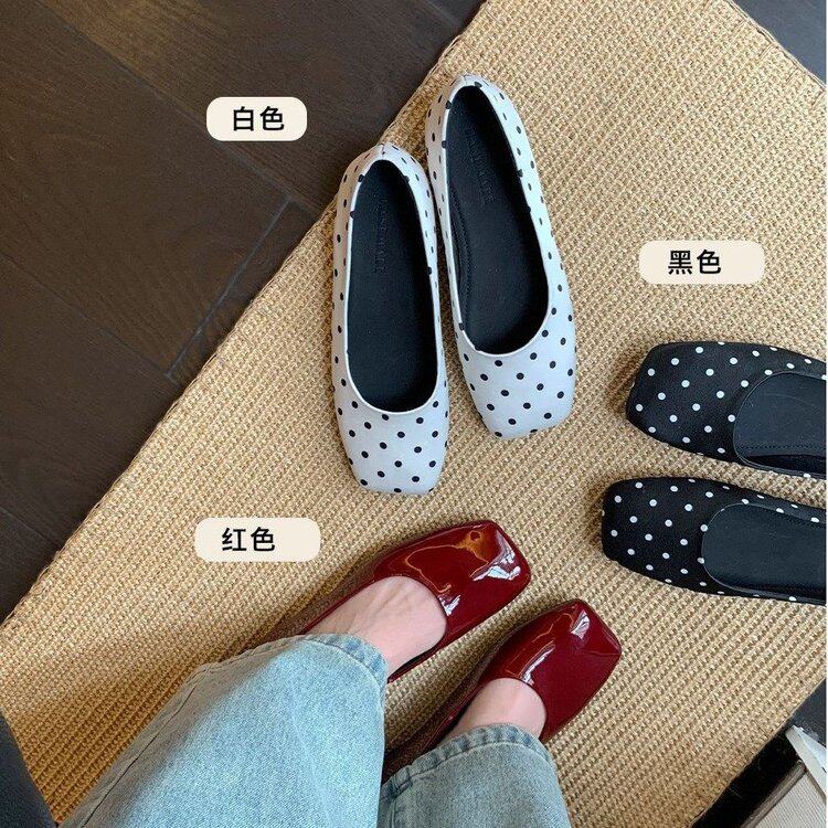 法式复古方头波点浅口单鞋女一脚蹬平底百搭玛丽珍鞋