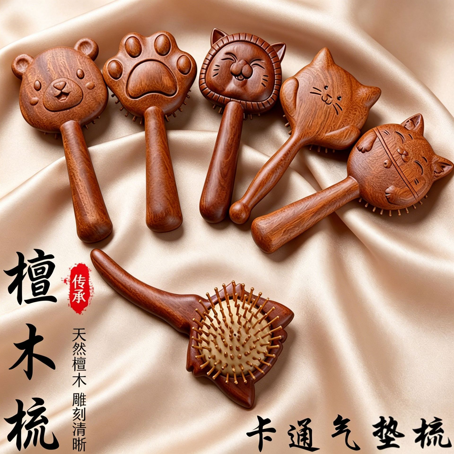 红檀木气垫梳雕花气囊梳头皮经络女士专用狐狸雕刻按摩梳送妈妈