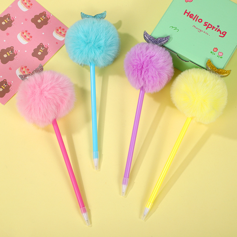 可爱海洋美人鱼尾巴兔毛毛球笔学生解压可爱毛绒圆珠笔简约创意糖