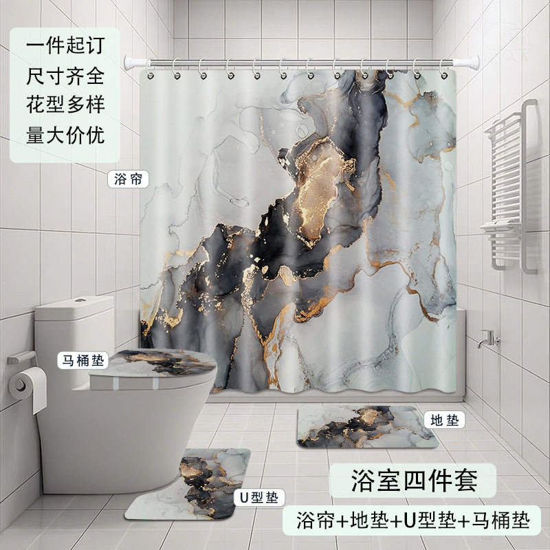 大理石纹系列浴帘花型多选 数码印花马桶三件套四件套量大价优