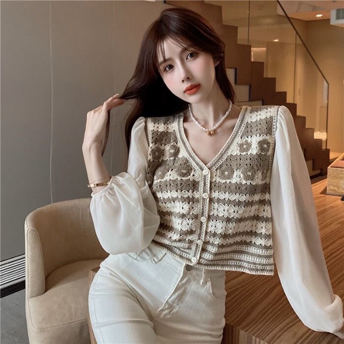 2022早秋薄款假两件拼接雪纺提花V领针织衫韩撞色花朵衬衣开衫女