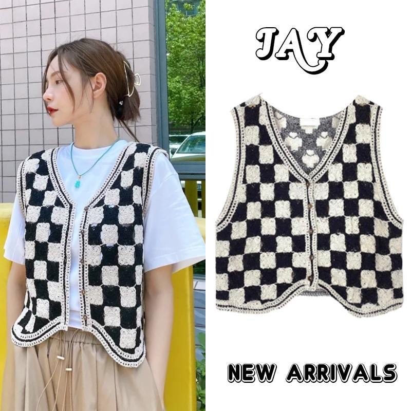 新款格子针织复古马甲女外穿 ins无袖马夹黑色小背心短款外搭上衣