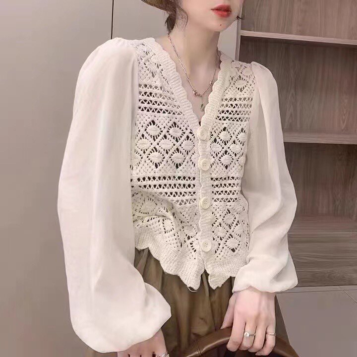早秋雪纺衬衫镂空拼接针织上衣