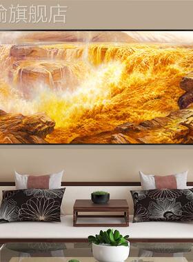 网红手绘黄河油壶画口布新中式客厅装饰画横版客瀑厅风景挂画书房
