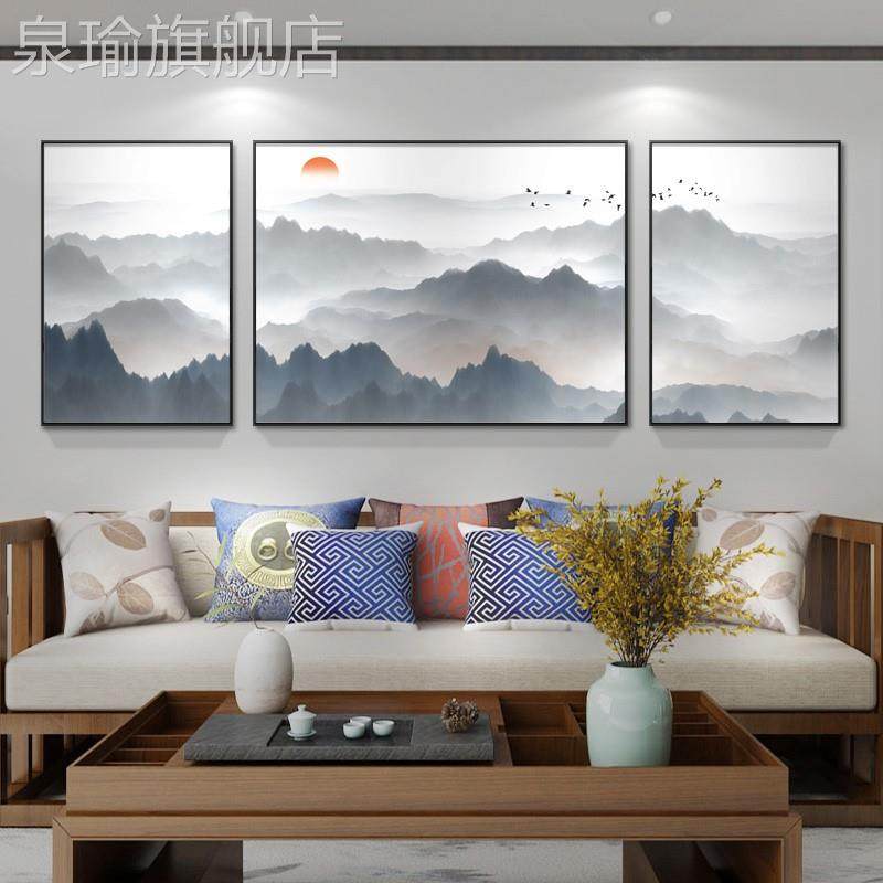 网红新中式沙画发背景装墙挂画大三联客厅饰山水风景气画水墨禅意