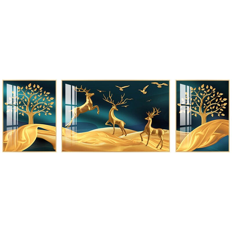 福鹿双全 现代三联画轻奢高档麋鹿沙发背景墙装饰画客厅美式网红