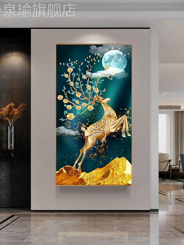 网红金鹿高入户正对门玄门关装饰画客厅走廊升过道壁画进晶瓷钻石