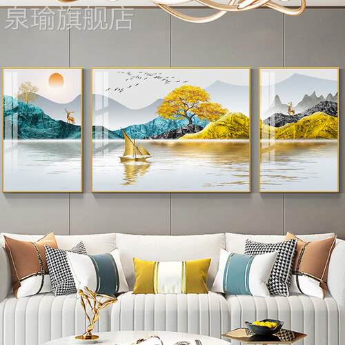 网红客景厅装饰画三气画联无障碍豪华现水代新中国风山画沙发背墙