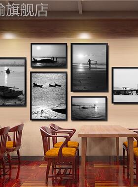 网红海鲜餐厅店装饰画饭渔捕鱼渔船民黑白饭锅风景挂画店火店墙面