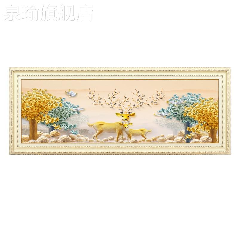 网红现代床欧式卧室饰画简欧头背景墙装饰挂画麋鹿发财树装横幅壁图片