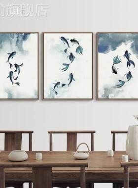 网红新中式沙客厅三联画背景墙装发室饰画餐厅挂画卧壁床头水墨荷