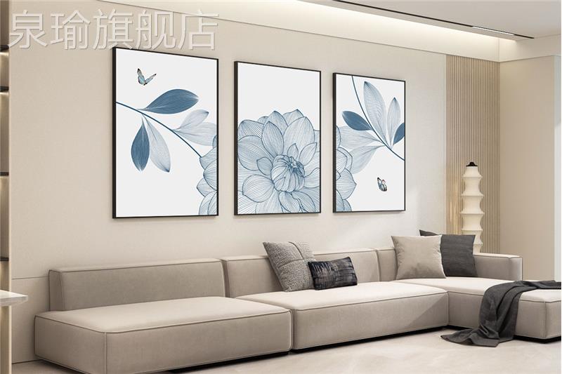 网红背青花瓷蓝花卉装饰画高级客厅沙发景墙壁面三联感画卧室床头图片