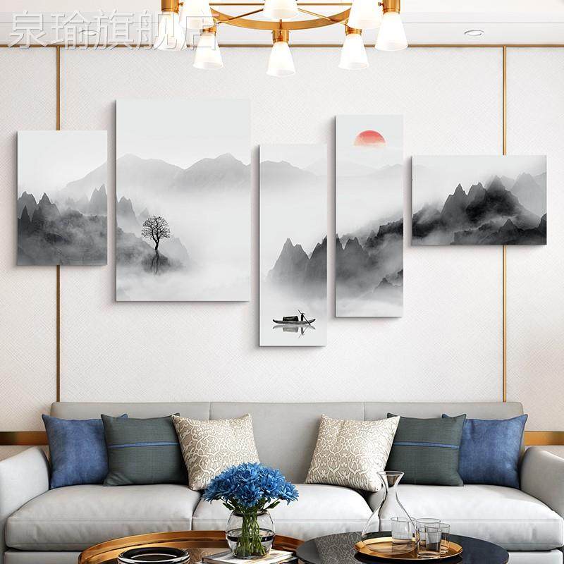 定做客厅挂画黑白灰山水画水中式沙发背景墙装墨饰画画办公室茶室