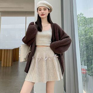女士蝴蝶结针织百褶裙半身裙秋冬款高腰显瘦字短裙