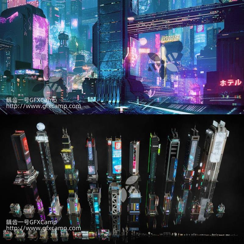 赛博朋克未来科幻楼房建筑3D模型C4D/MAX/FBX/OBJ/Maya/Blender等