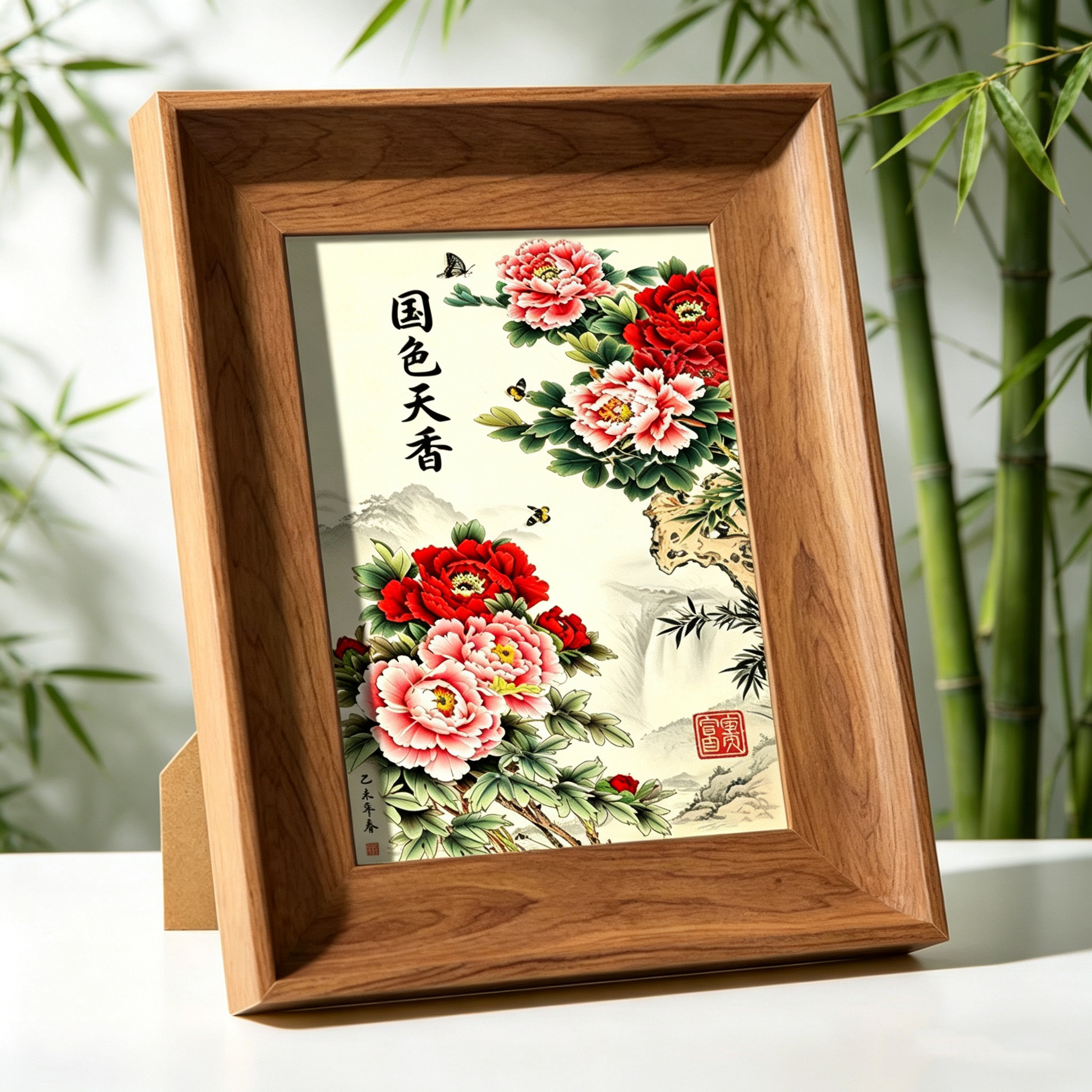 高端中式牡丹书法摆件