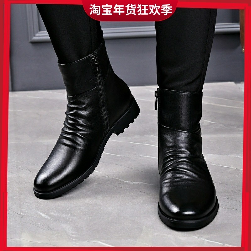冬季男士中高帮马丁靴牛皮柔软舒适休闲靴时尚高筒靴加绒套脚男靴