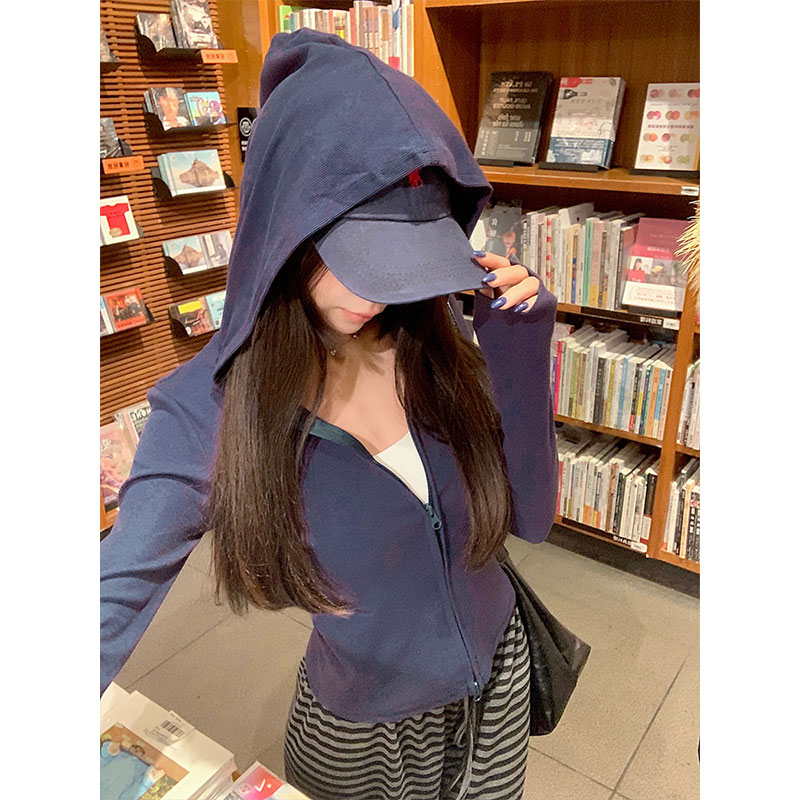 甜辣藏青连帽卫衣外套女2025秋季新款修身显瘦百搭双拉链长袖上衣