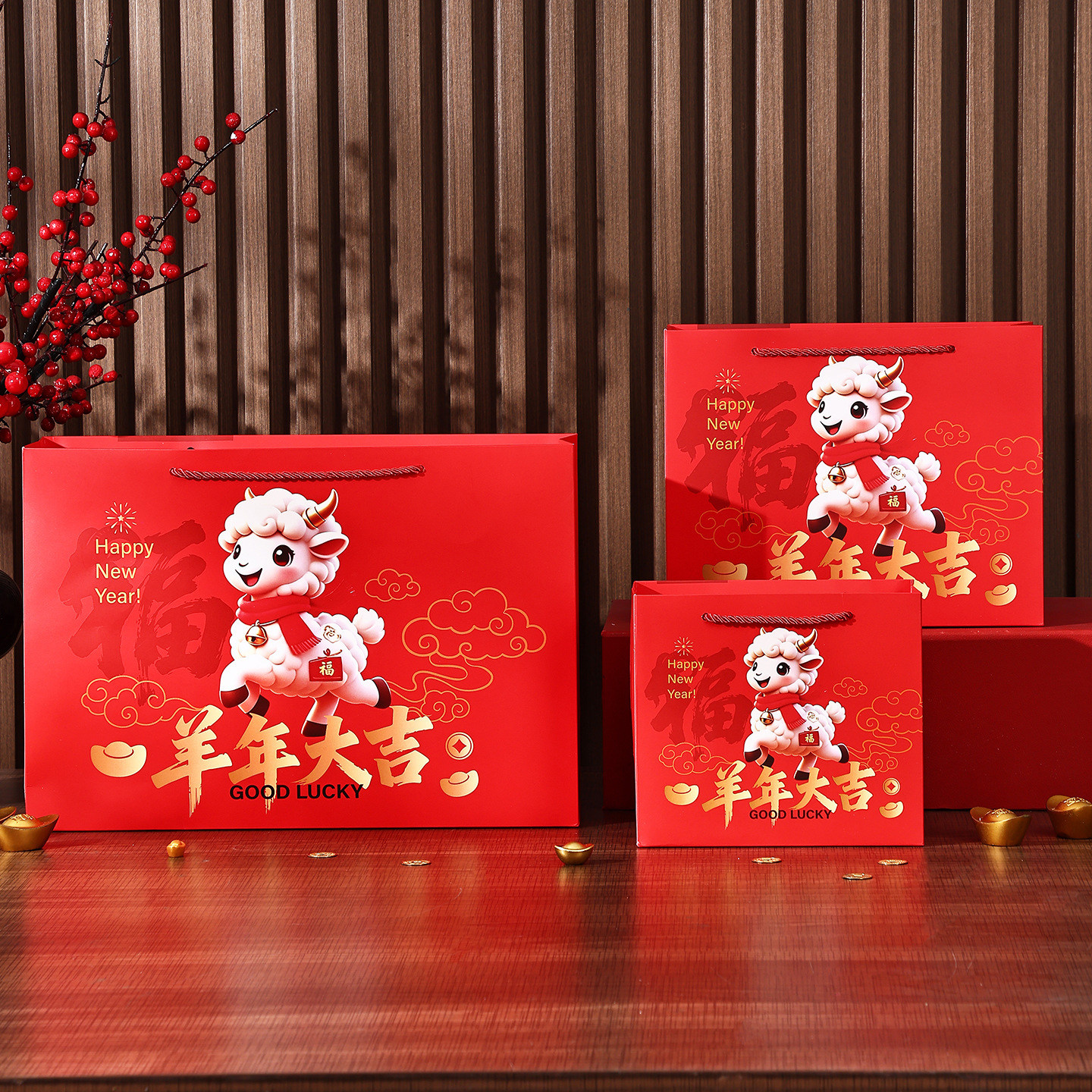 2027羊年手提袋红色喜庆礼品袋新年春节年货包装袋元旦手提纸袋