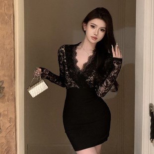 速发胖性大腰m感气质低v蕾丝高码 打底包臀短裙 连衣裙长袖