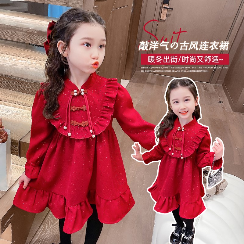 速发秋宝拜年服唐装汉衣裙宝冬季新款洋气时尚拜年服盘扣花边连服