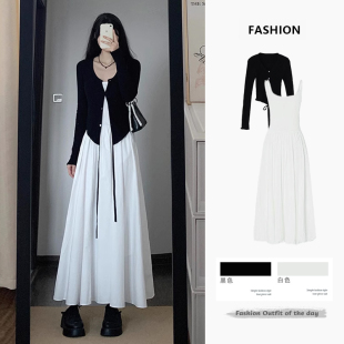 速发法色针织披肩气带连衣裙子2024新款吊质收腰高级感白式长裙