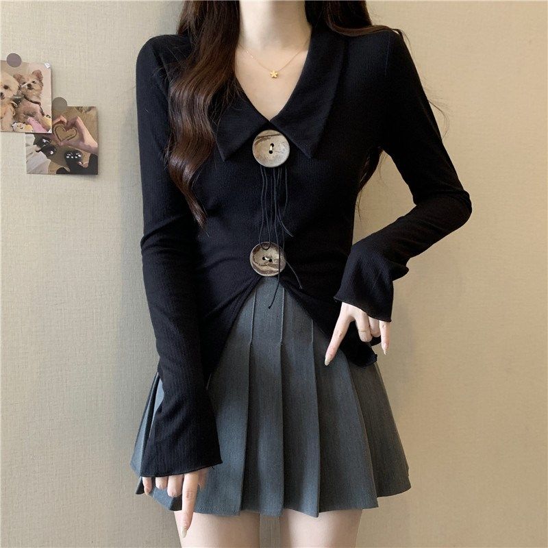 速发大码装设计感翻领致领纽扣别打针织V底衫百搭上衣,女装/女士精品,大码内搭,淘宝优惠券,粉丝福利购,淘宝优惠卷