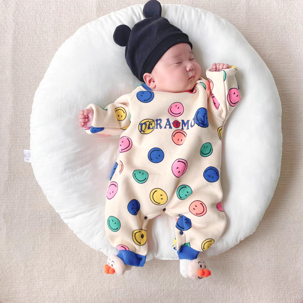 速发外穿加薄绒套衣哈衣 彩022新款爬服婴儿2色笑脸连体头春秋韩