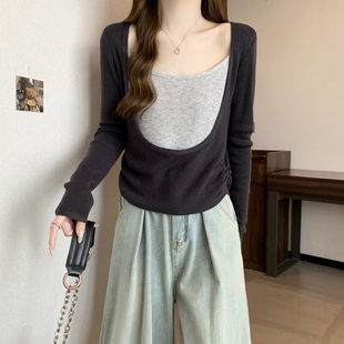 速发大领口长衣T恤早秋装大码假两件短款上袖小尚洋气时衫