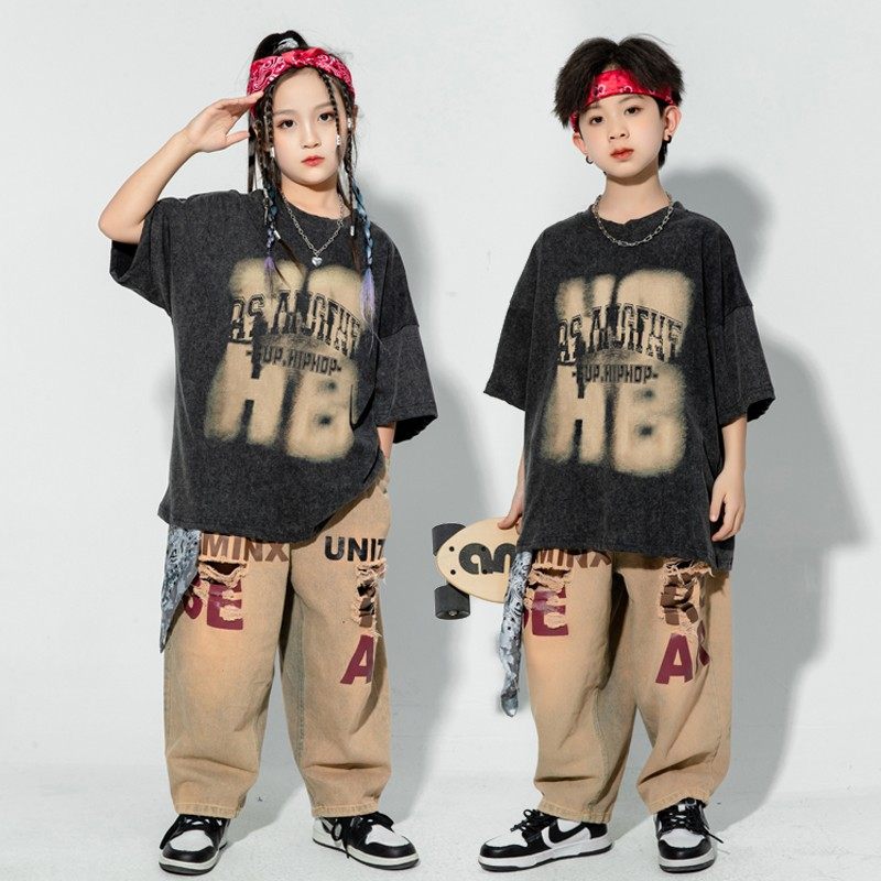速发街舞儿童潮服嘻哈套装h童破洞牛仔裤hip男op演出士童爵服舞