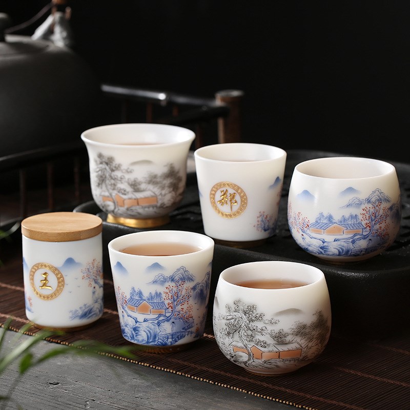 速发杯化羊氏玉白瓷山水创意个性百家姓脂杯主人杯品茗德对杯